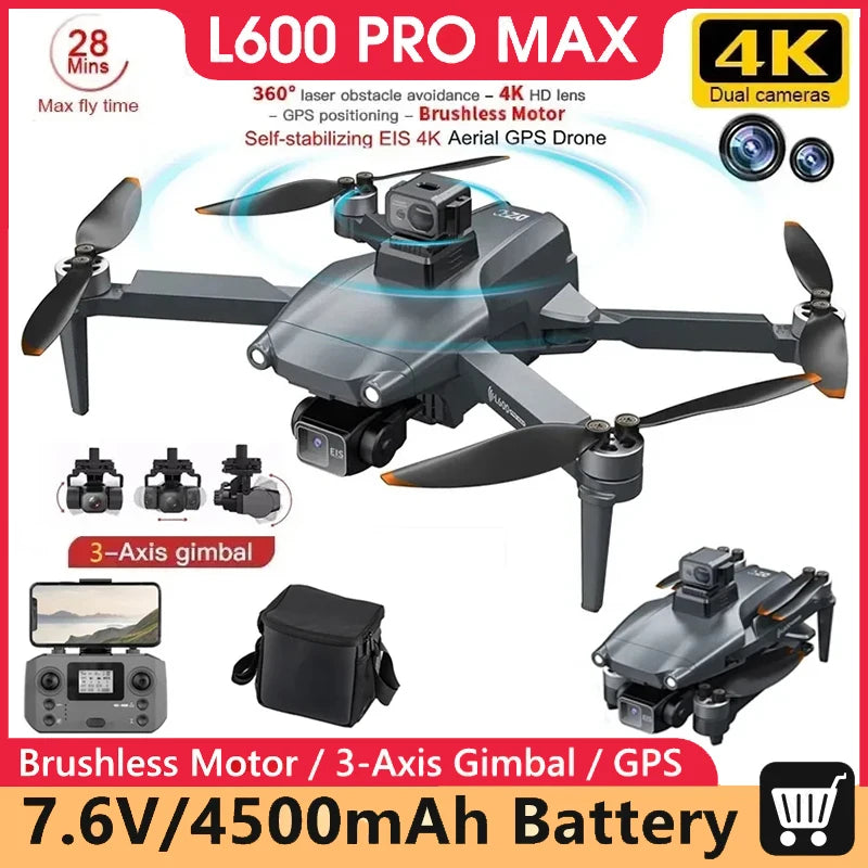 L600 PRO MAX Drone: 4K Dual Camera, 3-Axis PTZ, 360° Laser Obstacle Avoidance, GPS, 5G Quadcopter