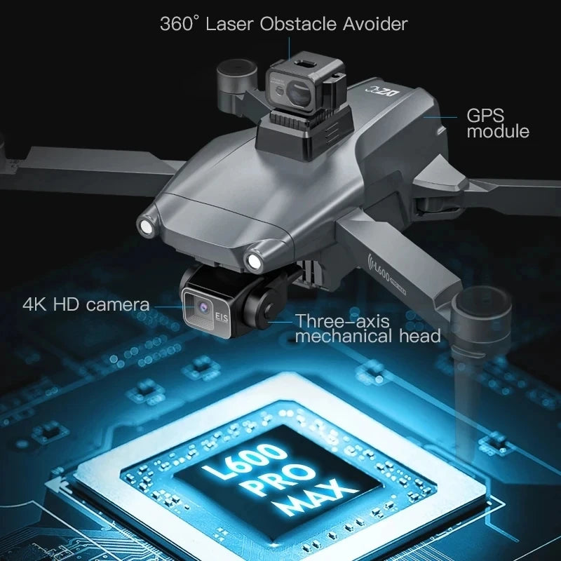 L600 PRO MAX Drone: 4K Dual Camera, 3-Axis PTZ, 360° Laser Obstacle Avoidance, GPS, 5G Quadcopter